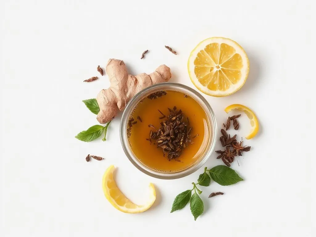 Simple herbal blend composition including green tea, ginger, and lemon peel, photorealistic, clean background