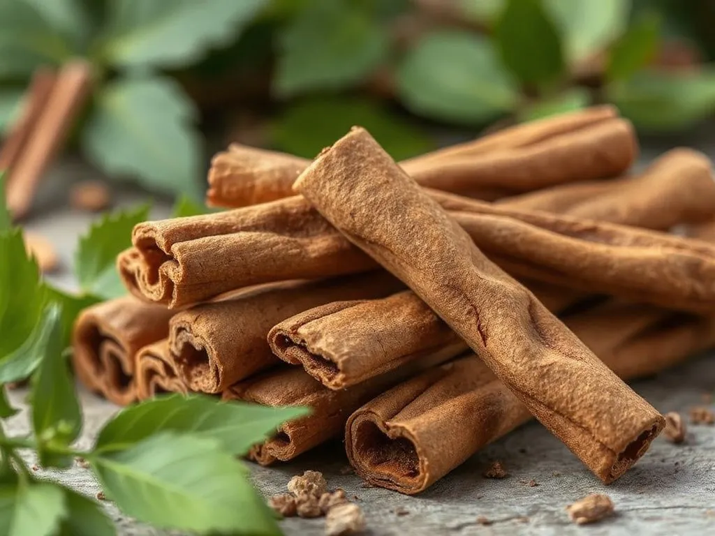 Artistic image of cinnamon sticks, photorealistic, natural setting, representing its use in insulin sensitivity and blood sugar regulation