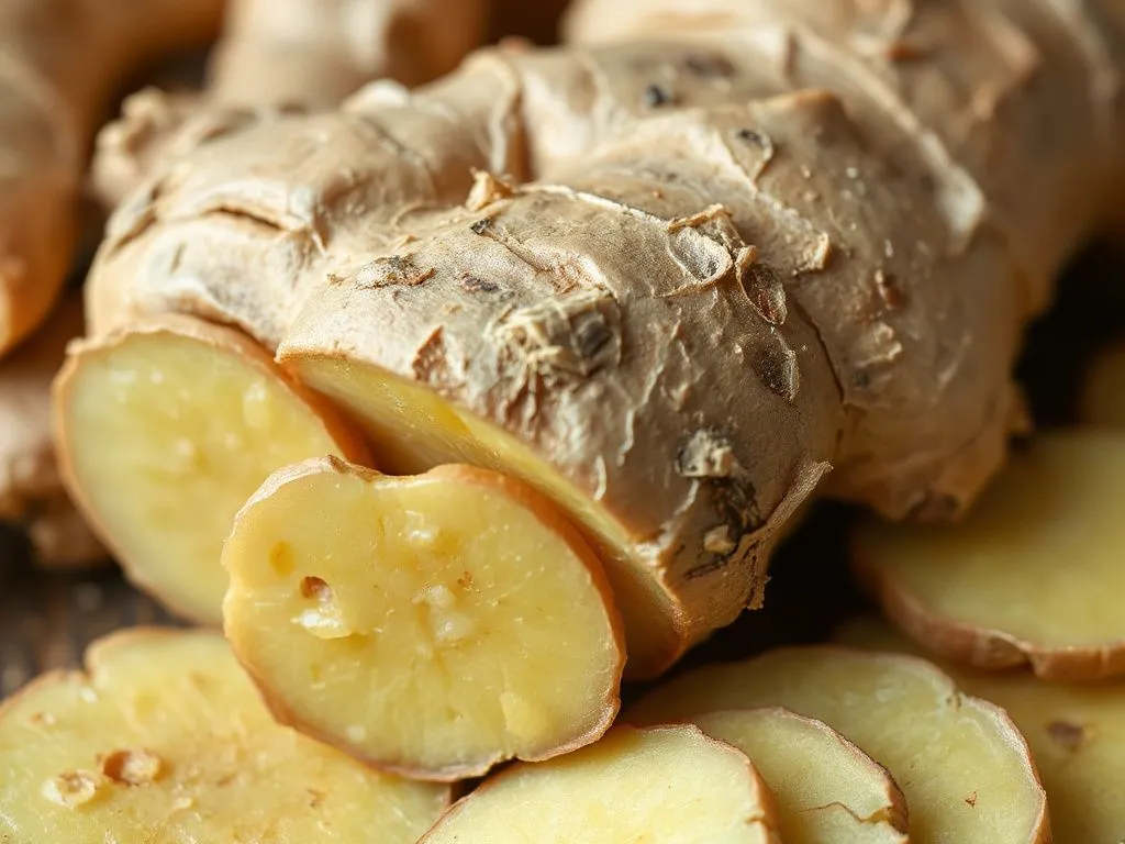 Close-up of fresh ginger root with slices, detailed, professional photography, natural lighting, indicating its health benefits