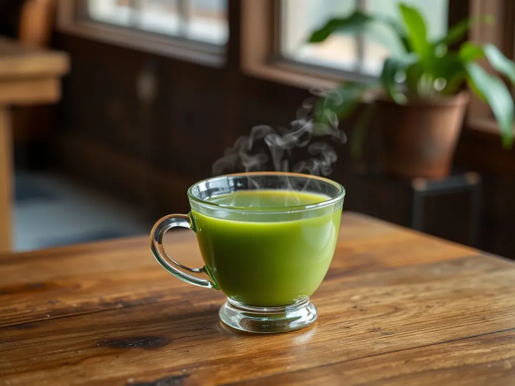 Photorealistic depiction of a cup of green tea on a wooden table, with steam rising, high-quality lighting