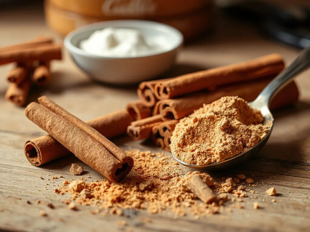 Cinnamon sticks and powder with a spoon on a kitchen counter, close-up, warm lighting