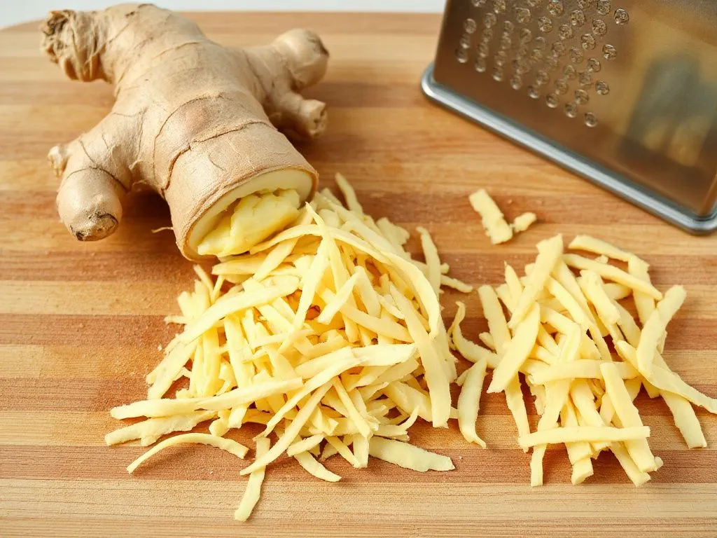 Fresh ginger root and grater, with thinly grated ginger on a cutting board, natural lighting