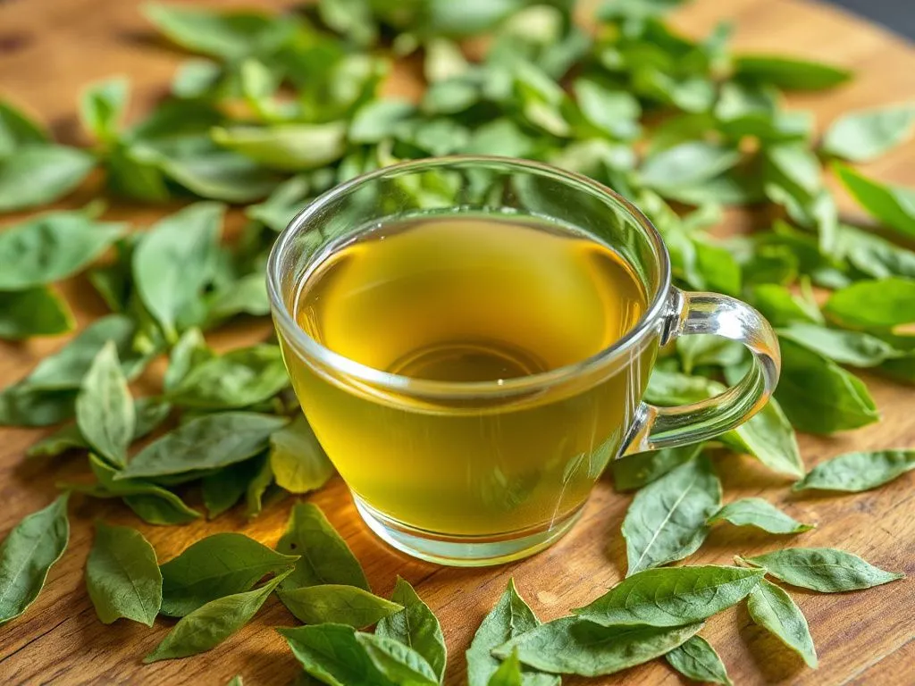 Green tea in a clear teacup with steam rising, placed on a wooden table in natural light, surrounded by green tea leaves