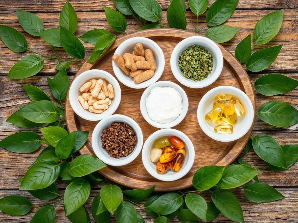 Health and wellness concept, herbal supplements in small bowls on a wooden tray, surrounded by green leaves