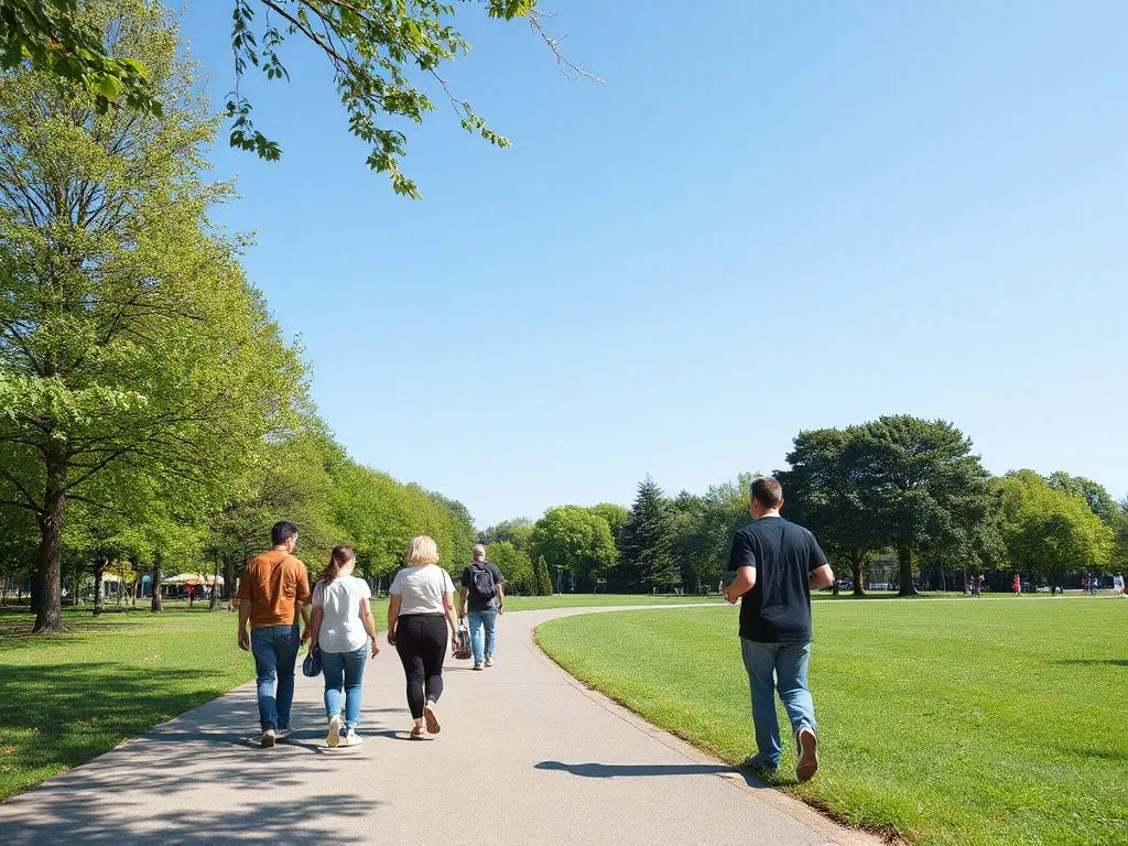 People walking in a park, showing a healthy lifestyle with green scenery, sunny day