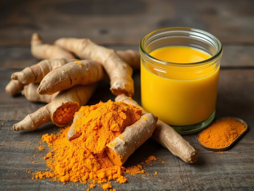 Turmeric powder and fresh turmeric roots next to a jar of golden milk, rich colors