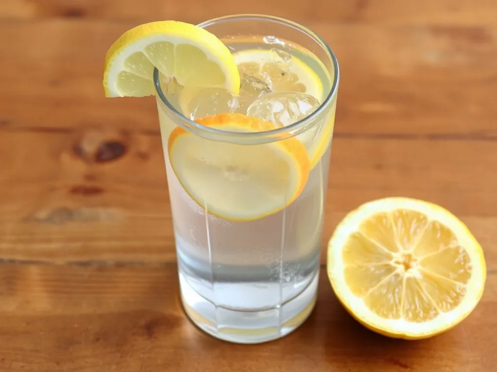 A clear glass of water with slices of lemon and orange, placed on a wooden table, refreshing and vibrant look A clear glass of water with slices of lemon and orange, placed on a wooden table, refreshing and vibrant look