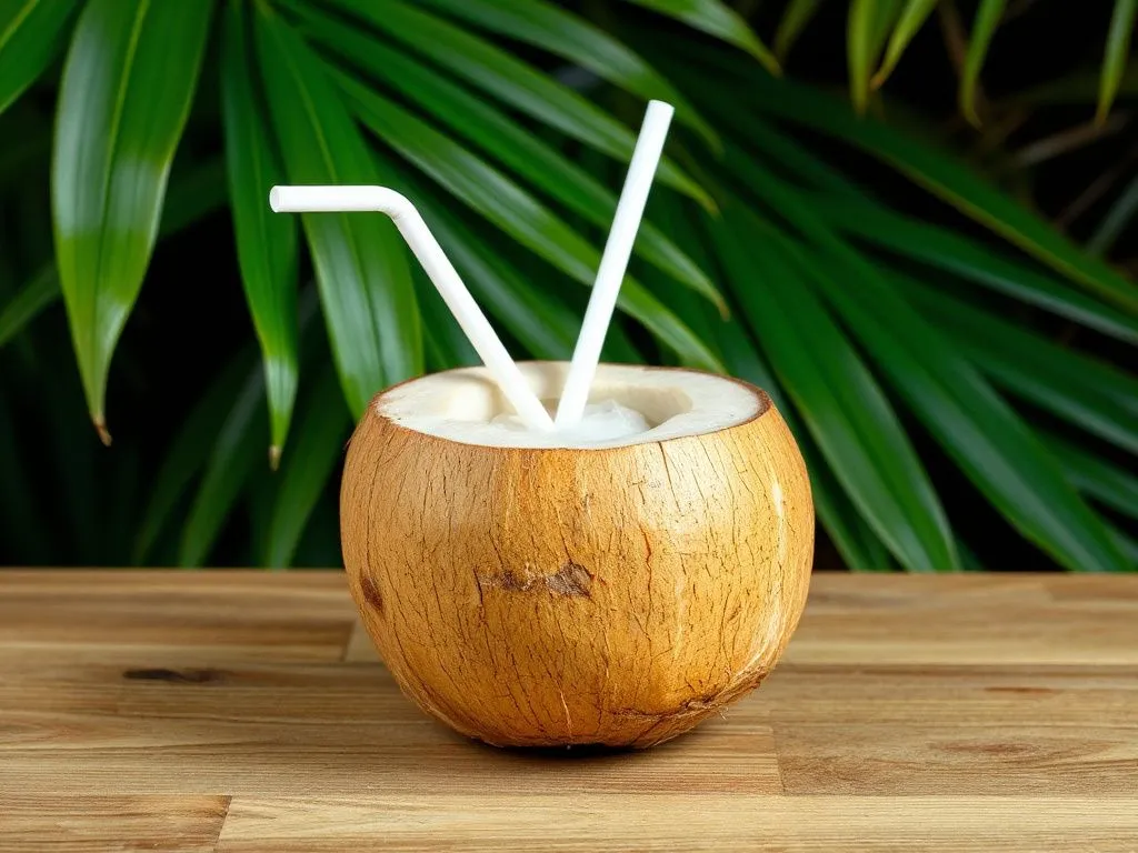 A fresh coconut with a straw, filled with coconut water, tropical and refreshing A fresh coconut with a straw, filled with coconut water, tropical and refreshing