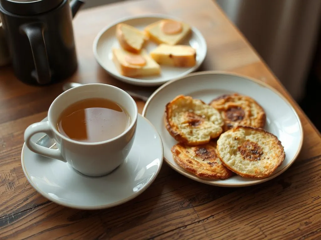 A morning scene with a cup of warm water next to a breakfast plate, suggesting a healthy start to the day A morning scene with a cup of warm water next to a breakfast plate, suggesting a healthy start to the day