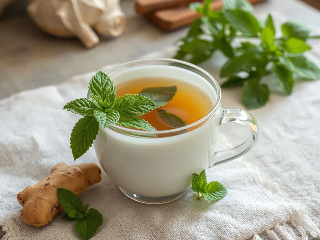 A steaming cup of herbal tea with ginger and mint leaves beside it, cozy and inviting A steaming cup of herbal tea with ginger and mint leaves beside it, cozy and inviting