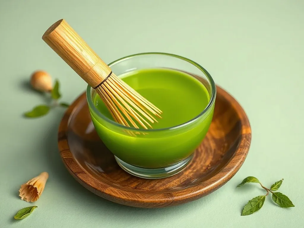 A ceremonial cup of bright green matcha tea with bamboo whisk, surrounded by elements symbolizing energy and tranquility like subtle waves and calm colors, high quality, detailed