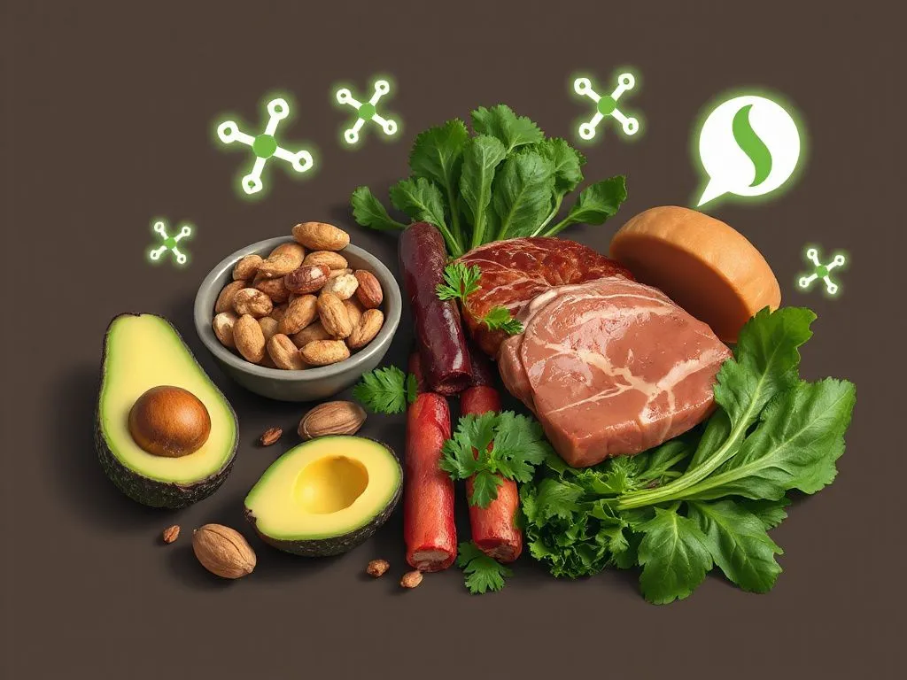 Illustration of keto-friendly foods: avocados, nuts, fatty meats, and leafy greens, surrounded by dynamic metabolic symbols representing ketosis, photorealistic, high quality