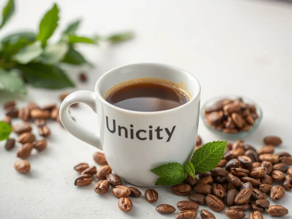 A cup of Unicity coffee with a focus on its natural ingredients and health benefits, bright and inviting, photorealistic