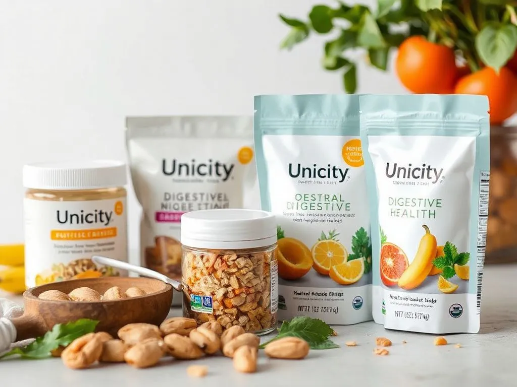 Unicity products for digestive health, featuring natural fibers and nutrients, supportive of gut health, detailed and bright