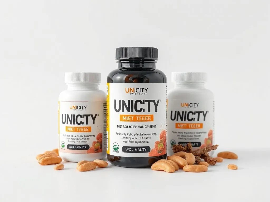 Unicity supplements with packaging, designed for effective fat burning and metabolic enhancement, high quality, clean background