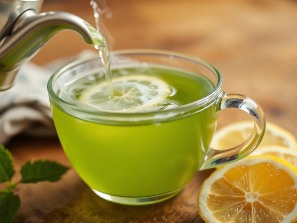 Close-up of green tea being prepared, with steam rising and fresh lemon slices beside, detailed, professional photography, warm tones