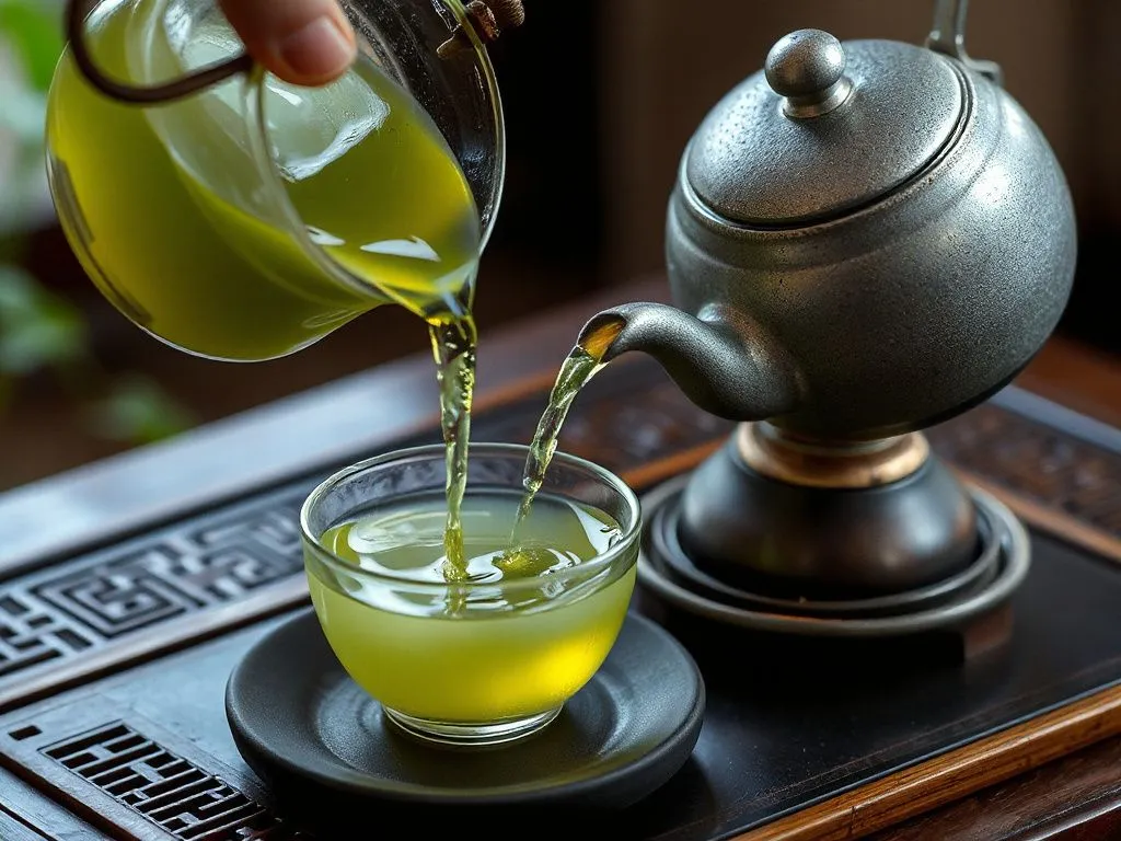 Green tea brewed using a traditional Chinese tea set, with the tea being poured into a delicate cup, photorealistic, detailed, cultural ambiance