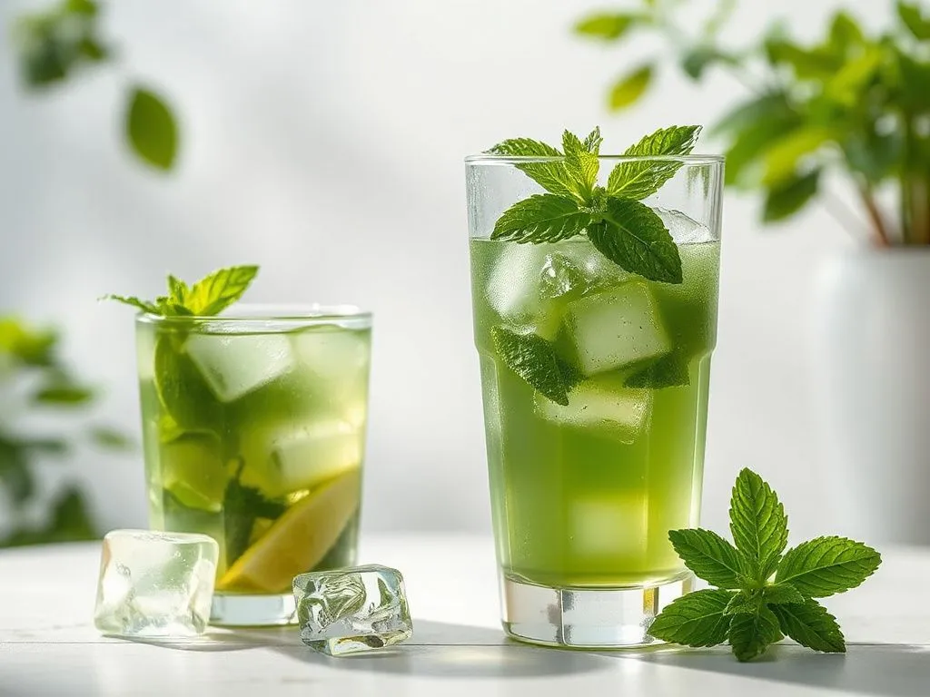 Refreshing cold green tea with mint and ice cubes, photorealistic, high quality, bright and cool environment