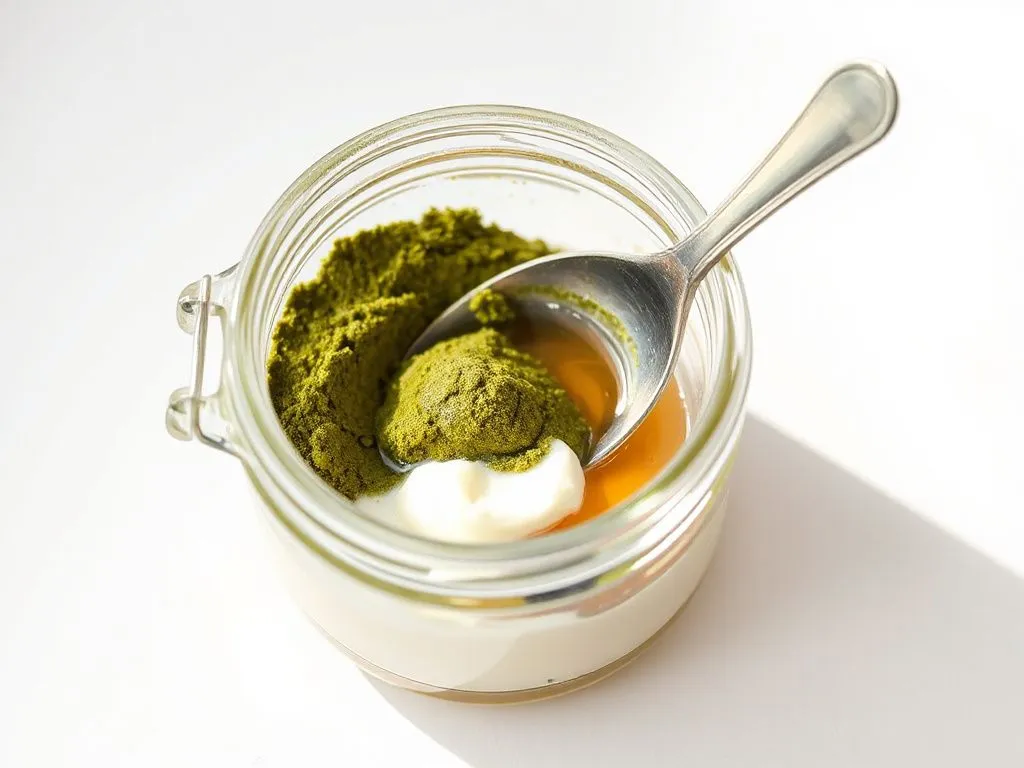 A small jar of green tea powder, yogurt, and honey, with a small bowl mixing them into a face mask, professional lighting, clean and natural setting