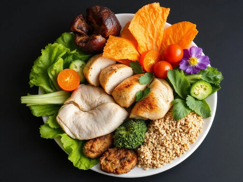 A diverse meal plate with various colorful vegetables, healthy proteins like chicken and fish, and whole grains, professional photography, clean presentation