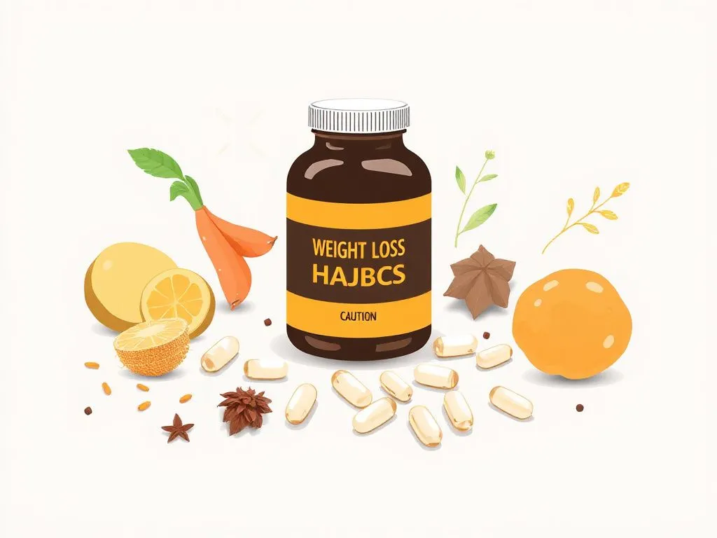 Natural weight loss supplements illustration, high quality graphics, minimalist design, showing herbs and capsules, with an emphasis on caution
