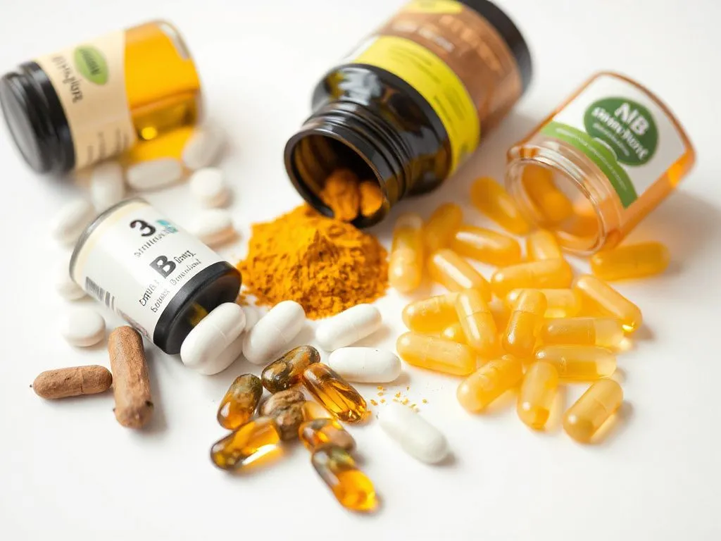 Close-up of different supplements like Omega 3, turmeric, and Vitamin B complex displayed on a clean, white surface, detailed and high quality, professional lighting