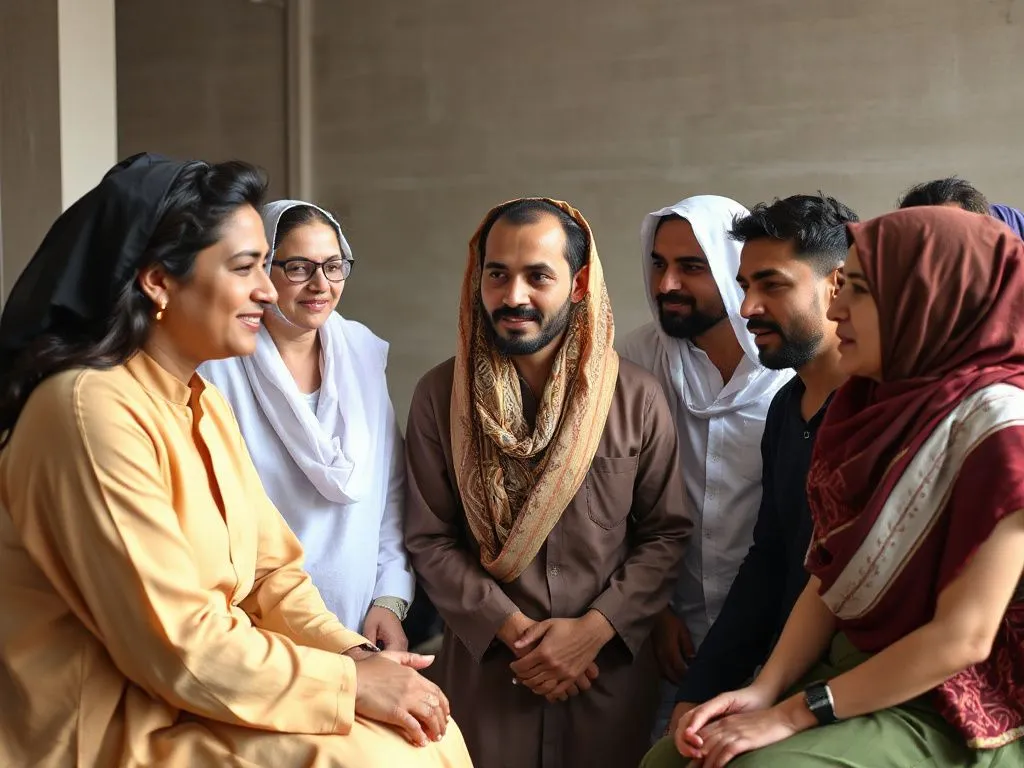 A conceptual image of a diverse group of Middle Eastern people engaged in a community setting, symbolizing mental well-being and support, natural lighting, culturally inclusive photography