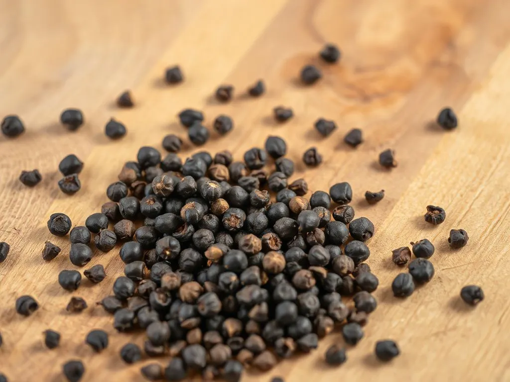Black peppercorns scattered on a natural wooden surface, detailed, high quality lighting