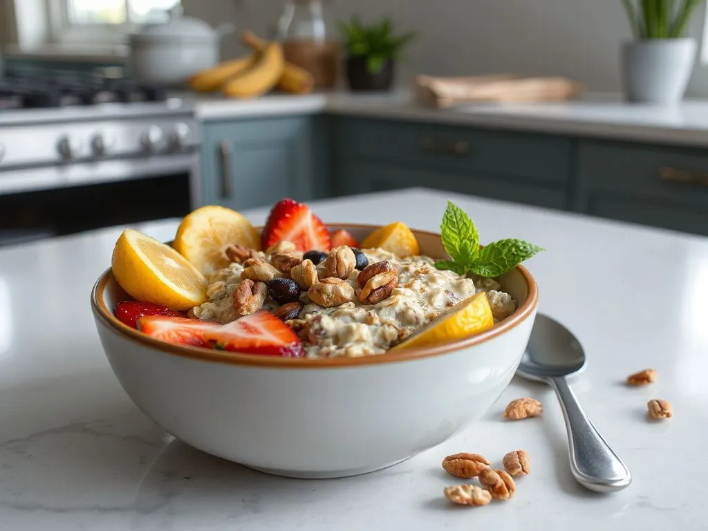 Bowl of oatmeal with fresh fruits and nuts on a modern kitchen table, professional lighting