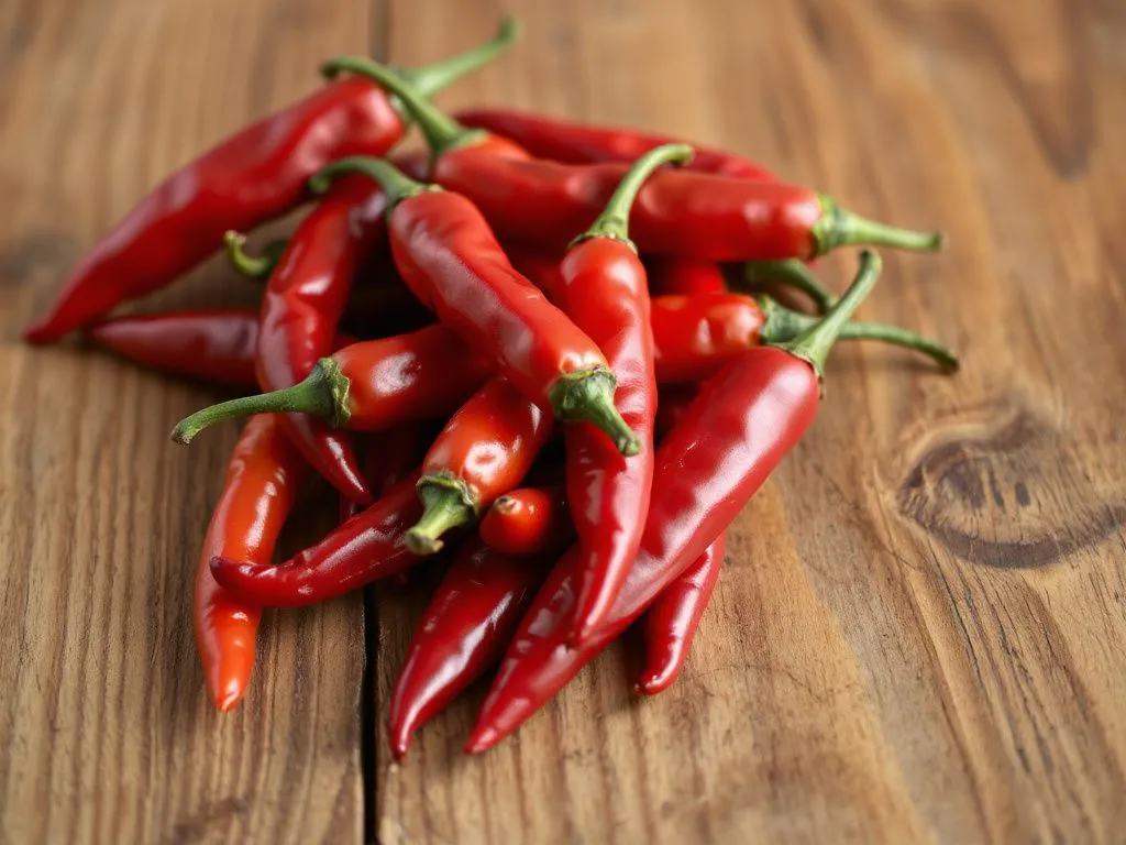 Close-up of fresh red chili peppers on natural wooden table, photorealistic, professional lighting