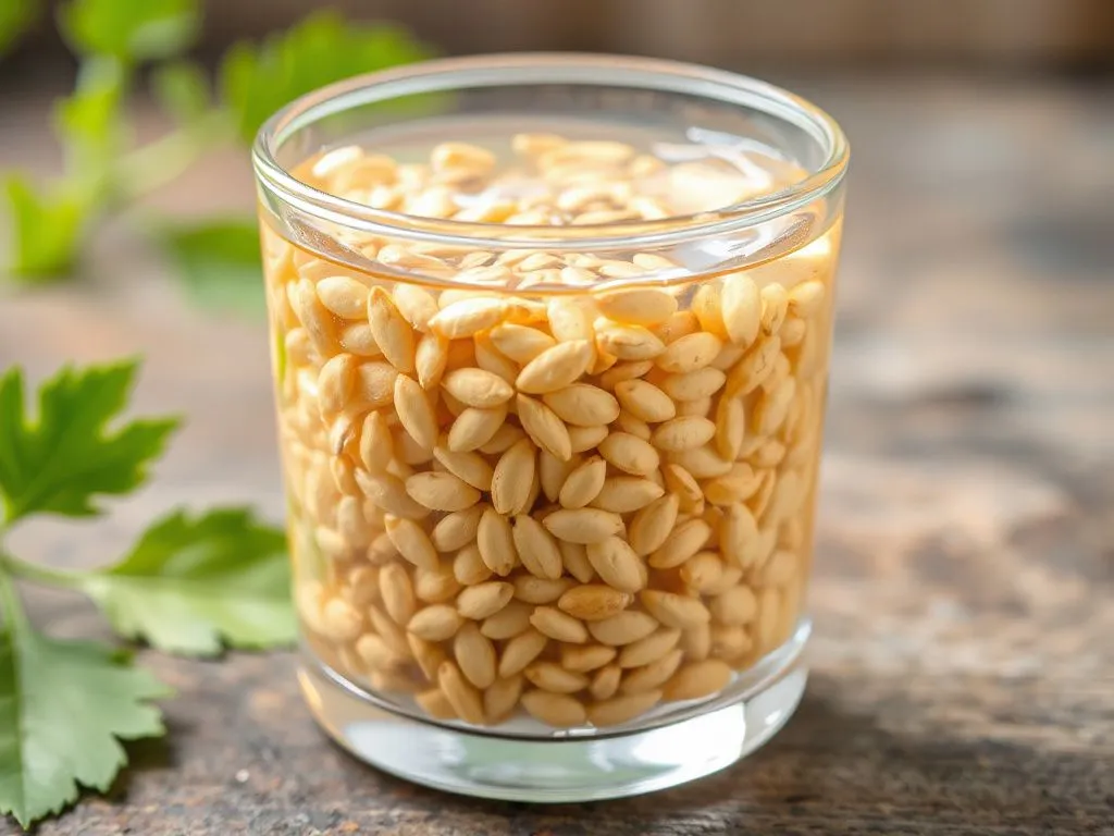 Fenugreek seeds soaked in a glass of water, natural lighting, high quality