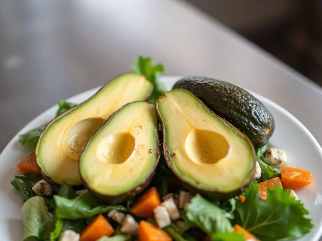 Fresh avocado halves on a salad plate with assorted vegetables, high quality, professional lighting