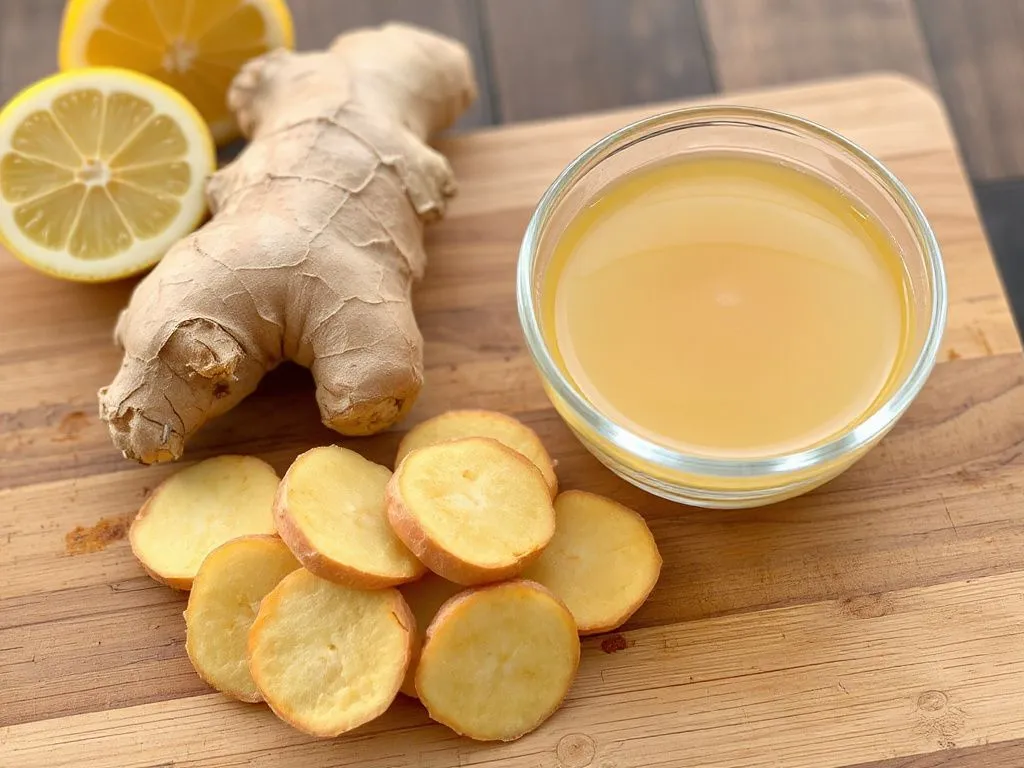 Fresh ginger slices on a cutting board with warm water and ginger tea, detailed, professional lighting