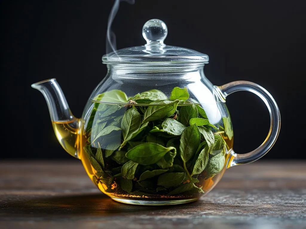 Green tea leaves in a glass teapot, steaming, professional photography style