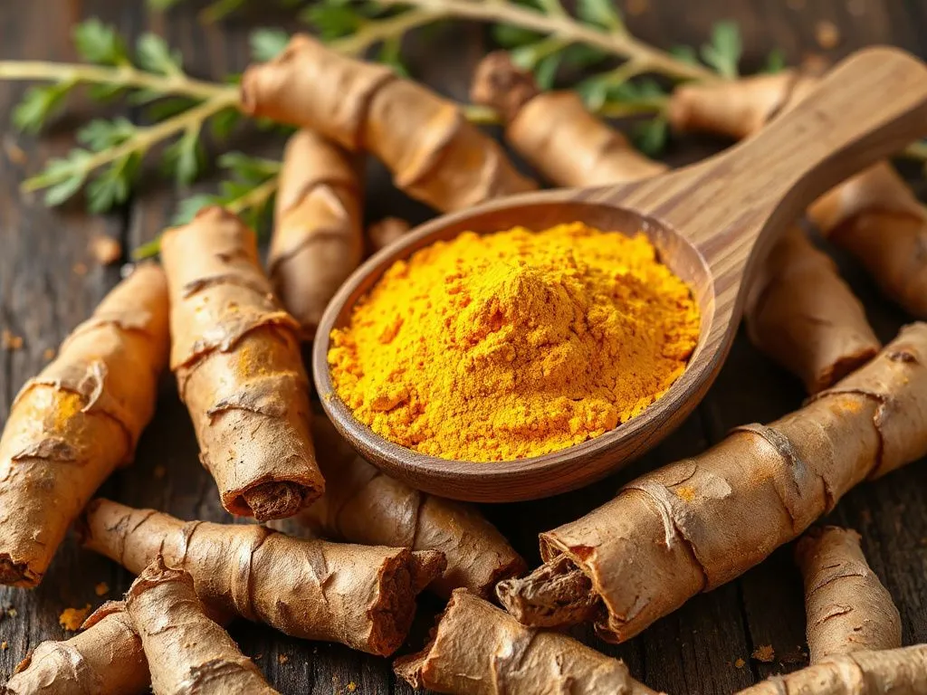 Turmeric powder in a wooden spoon surrounded by fresh turmeric roots, professional photography style