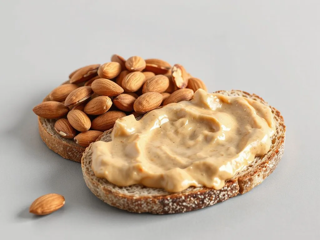 Whole almonds and almond butter on slices of whole-grain bread, minimalist background, high quality