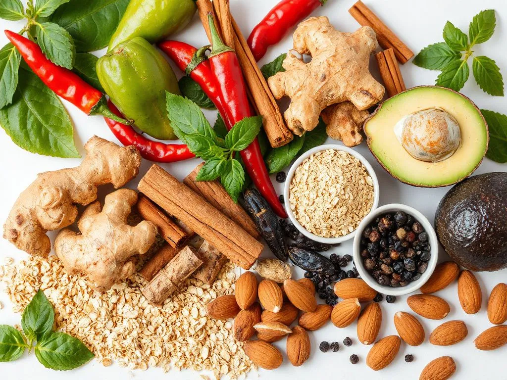 Selection of various herbs and spices used in weight loss, including chili peppers, green tea leaves, ginger roots, cinnamon sticks, turmeric powder, fenugreek seeds, black peppercorns, oats, almonds, and avocados, high quality, detailed, clean background
