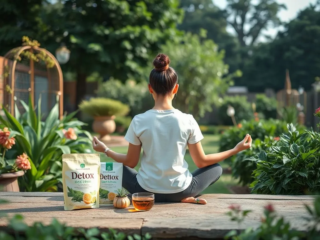 A person sitting in a tranquil garden setting, practicing meditation next to detox tea products, symbolizing harmony between mind and body, photorealistic, serene atmosphere, natural lighting
