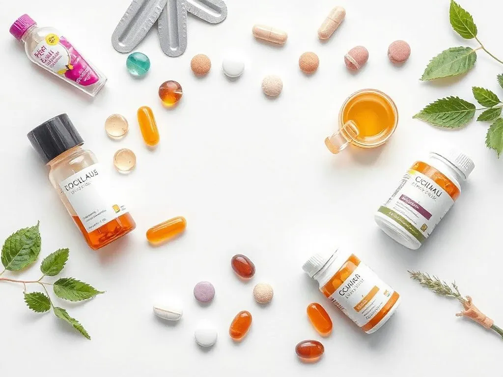 Photorealistic depiction of beauty and wellness supplements on a clean white background, various pills and capsules, high-quality textures, modern packaging materials, and eco-friendly design