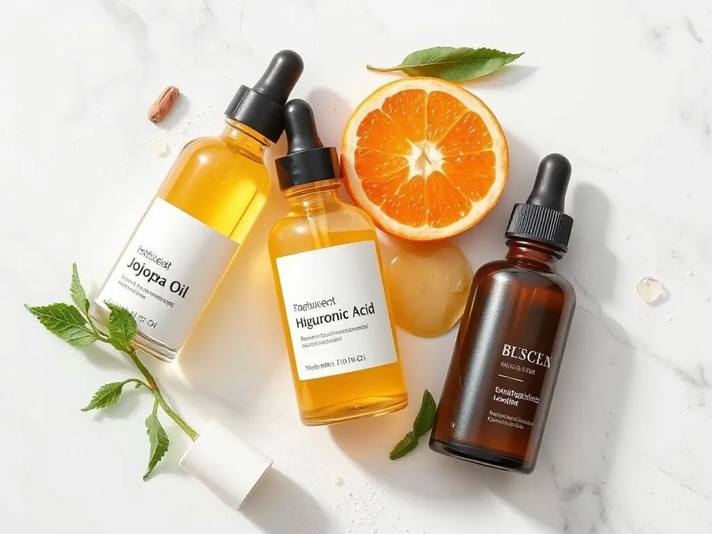 A photorealistic image of skincare products with natural ingredients like jojoba oil, hyaluronic acid, and Vitamin C laid out on a clean, minimalist surface. Professional lighting reveals the texture and color of the oils and serums, conveying freshness and purity in a modern aesthetic.