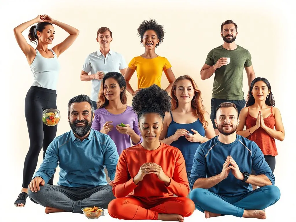 A diverse group of individuals engaging in various healthy lifestyle activities such as exercise, balanced diet meals, and mindfulness practices, photorealistic, vibrant colors, dynamic composition, professional photography