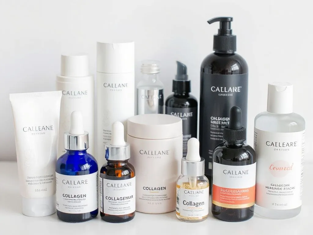 Variety of skincare products focused on collagen and hydration, including creams, serums, and supplements in attractive packaging, professional photography