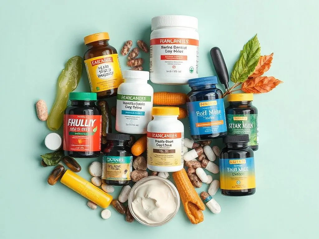 A collection of various dietary supplements for hair, skin, and nails, professionally arranged, clean background, high quality, vibrant colors