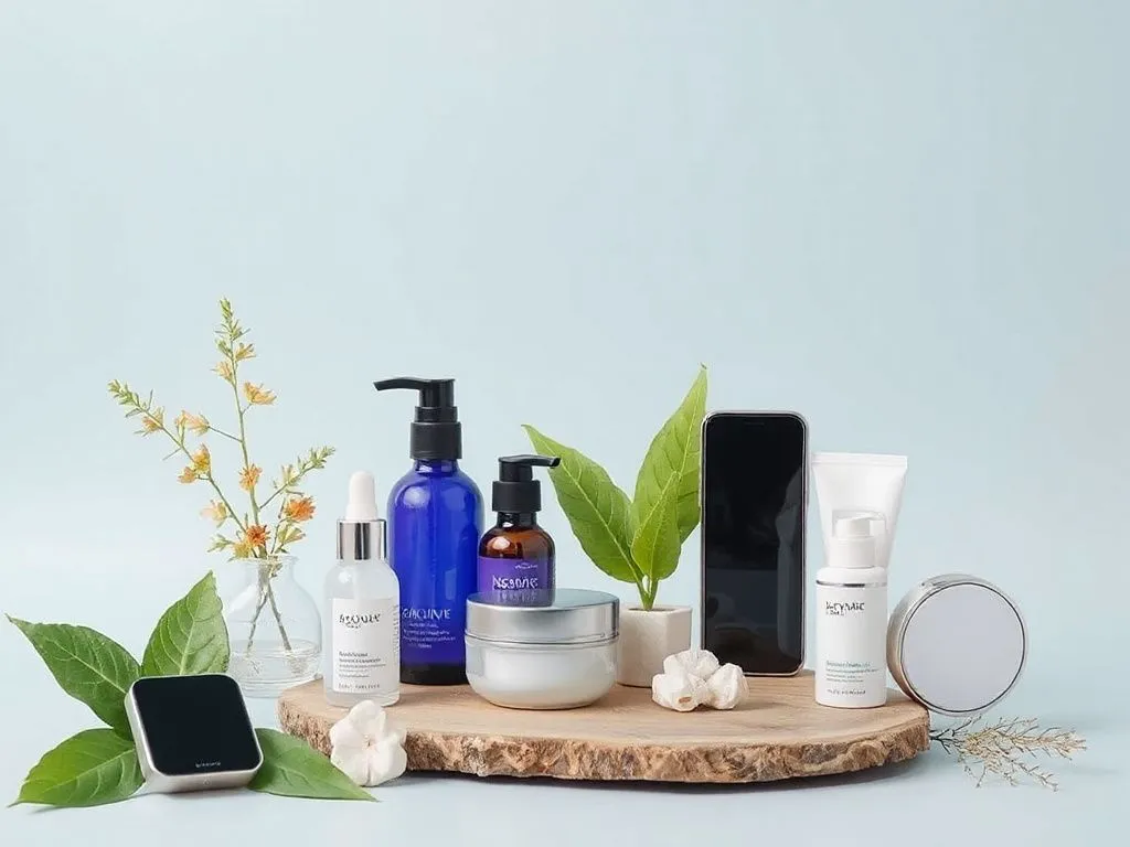 A peaceful fusion of nature and technology, showcasing natural beauty products alongside innovative tech devices, photorealistic, minimalistic, harmonious display