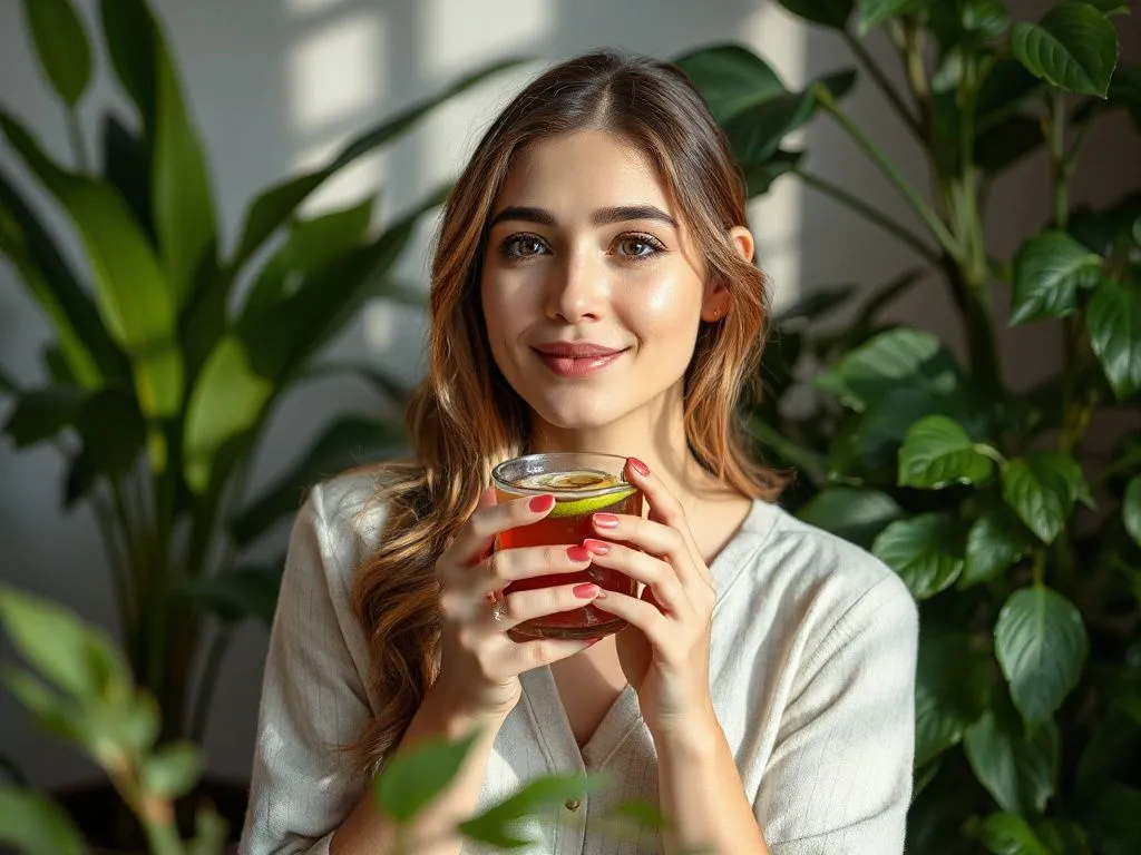Woman enjoying a cup of herbal detox tea in a serene environment, with lush plants and soft lighting, promoting healthy skin and wellness, professional photography style