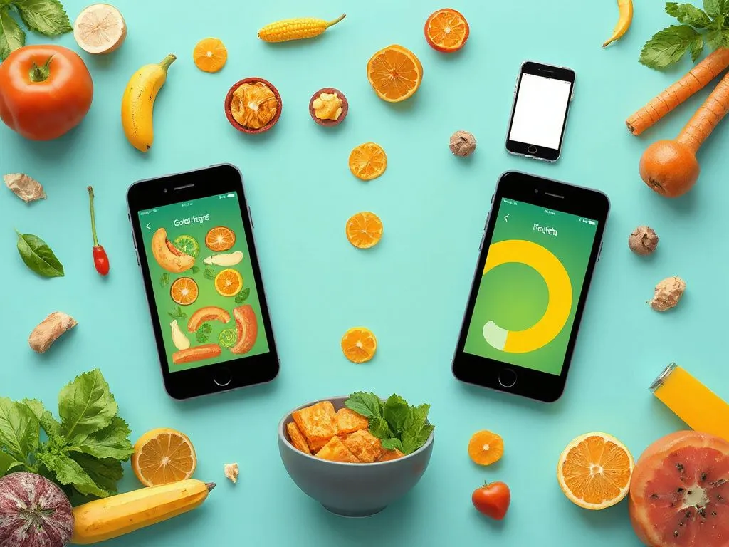 An illustration of a perfect harmony between smart technology and natural methods for weight management. It shows a modern lifestyle where natural foods and smartphone apps coexist, vibrant colors, health and fitness theme.