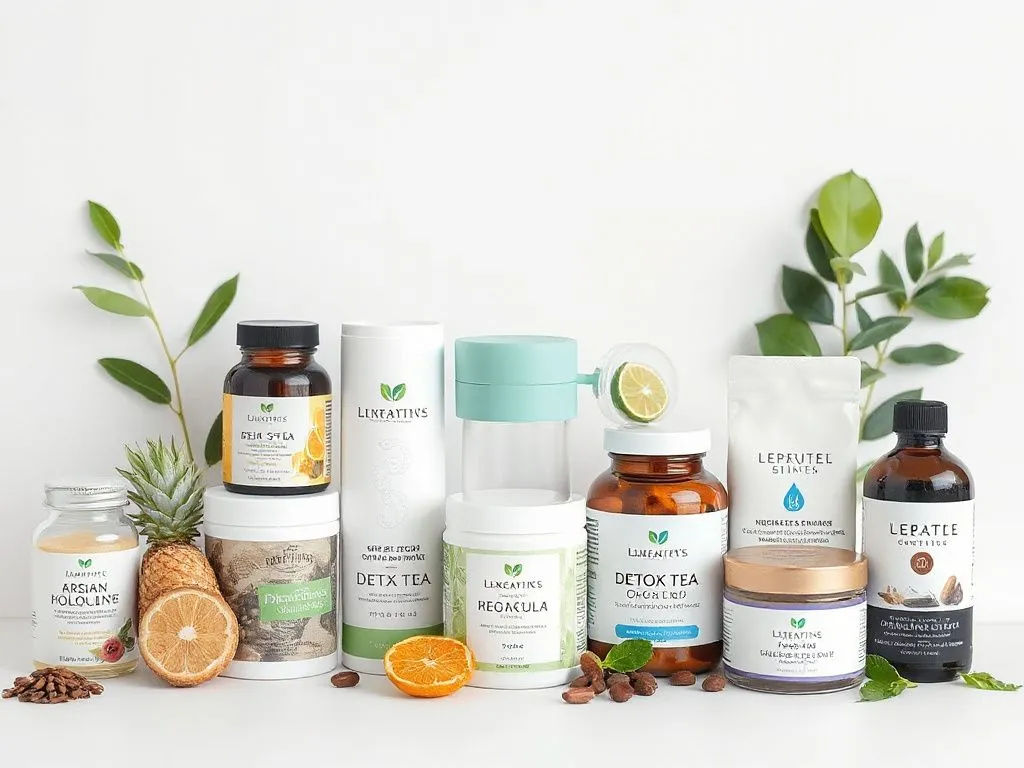 A selection of health and beauty products including nutritional supplements, detox teas, and skincare items, arranged aesthetically, high quality photography, clean background