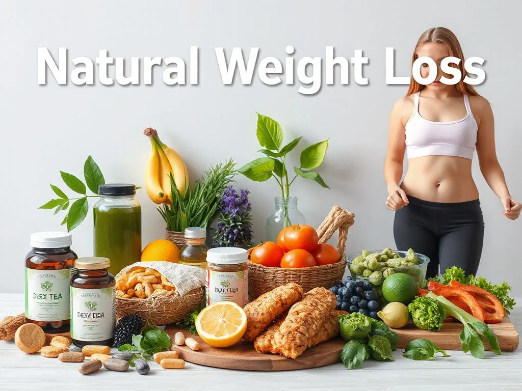 A holistic representation of natural weight loss, featuring detox tea, natural supplements, and healthy balanced meals alongside exercise, in a photorealistic style.