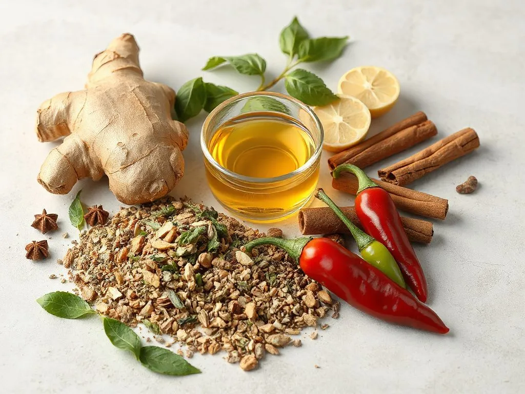 A variety of herbs including ginger, green tea, cinnamon, and chili peppers, photorealistic, high quality, professional lighting, arranged neatly on a clean surface