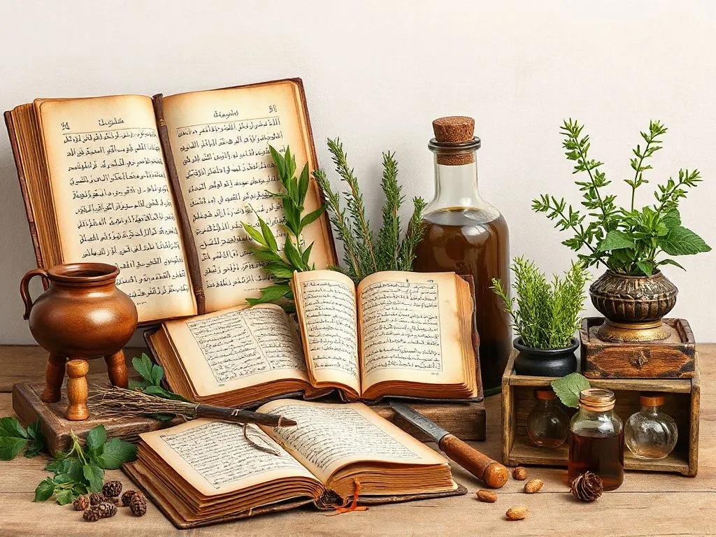 A historical representation of Arab herbal medicine showcasing traditional practices and cultural richness, photorealistic, high quality, ancient books, herbs, and scientific tools